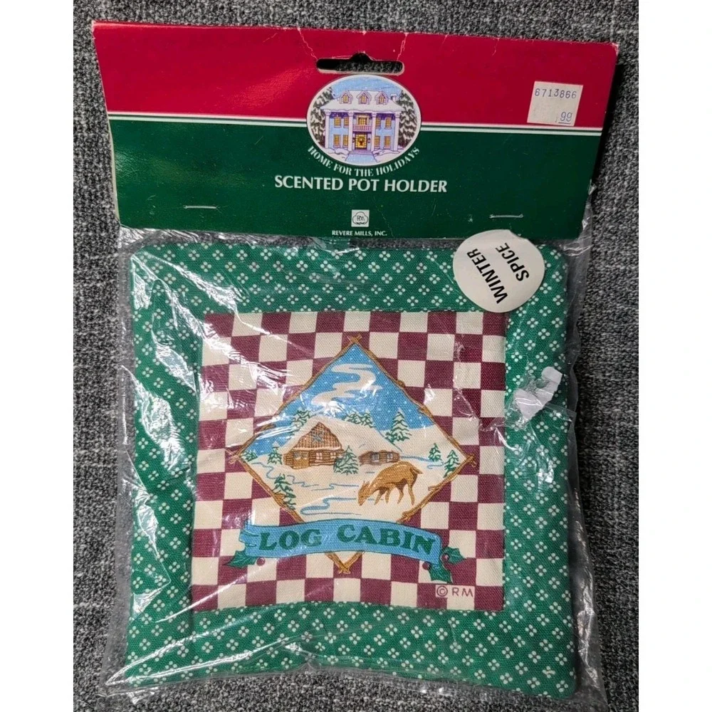 Vtg Revere Mills Scented Christmas Pot Holder Log Cabin Holiday Decor